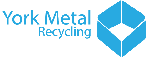 York Metal Recycling logo featuring blue text and a geometric cube design with an open top, all on a light gray background.