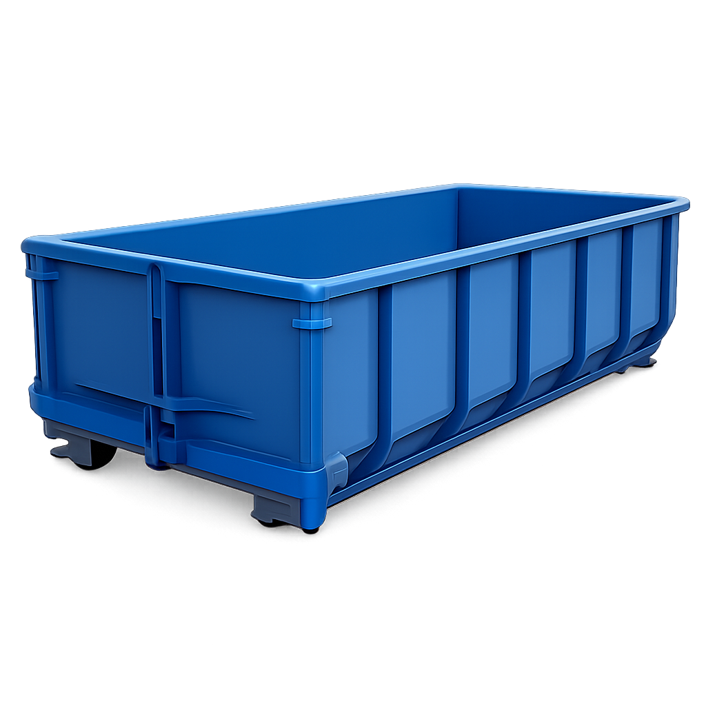 Large, rectangular blue plastic storage bin with reinforced sides and short legs, viewed from an angle against a plain white background.