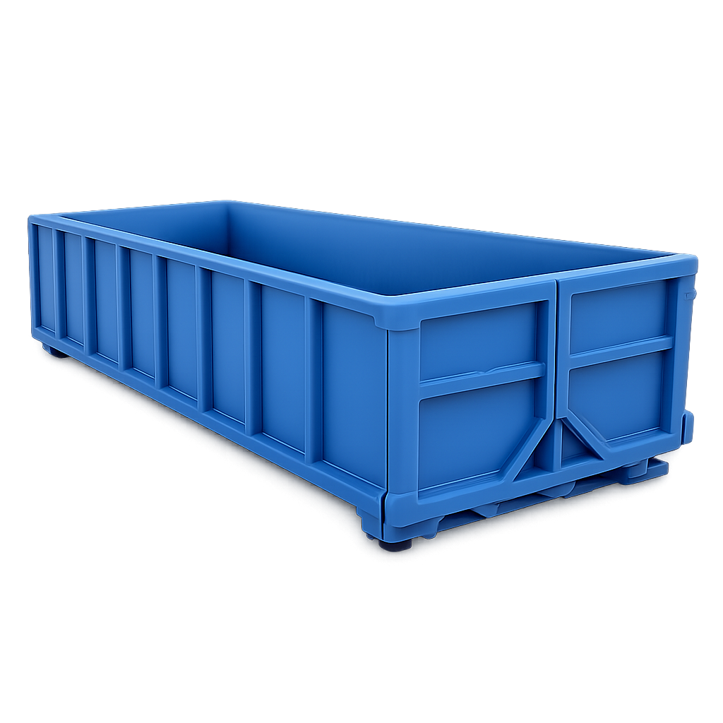A large, rectangular blue plastic storage container with high sides and no lid, placed on a light background.