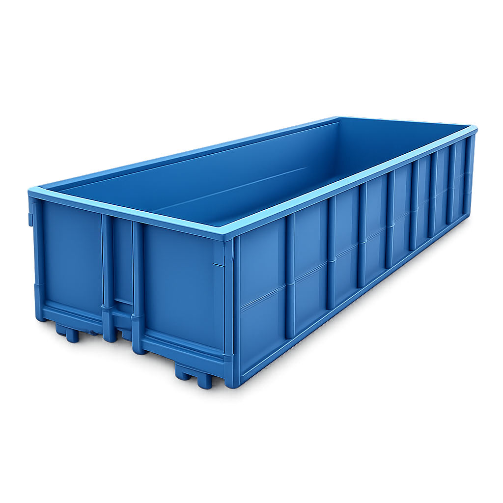 A large, rectangular blue metal dumpster with reinforced sides and an open top, designed for industrial or construction waste, standing on a white background.