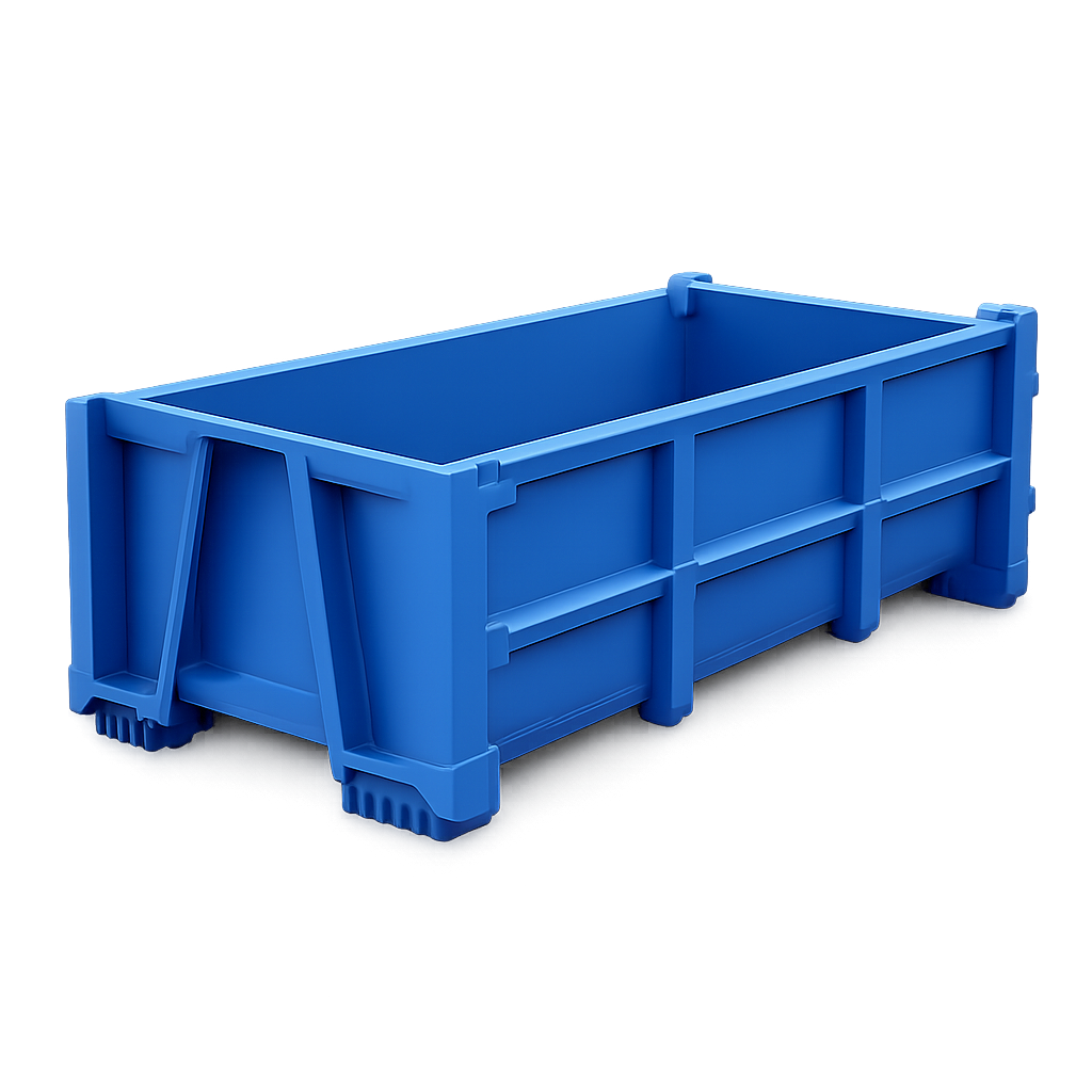 A large, empty blue plastic storage crate with reinforced corners and open top, shown on a plain white background.
