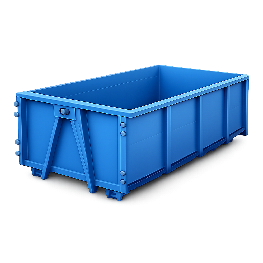 A large, empty blue industrial dumpster with reinforced sides and metal rivets, standing on a white background.
